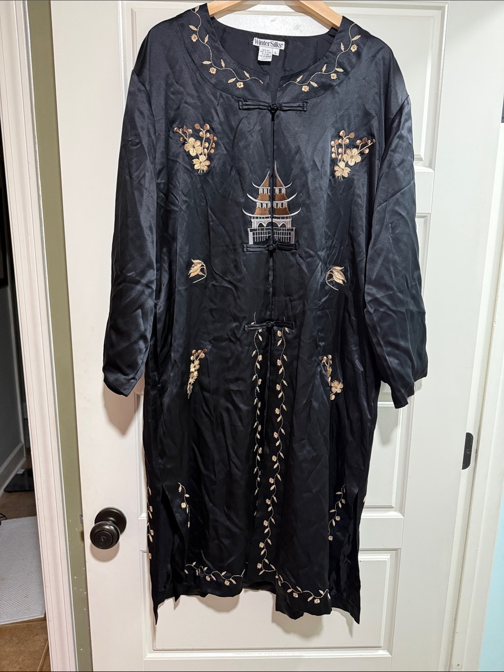 WinterSilks Black Satin Embroidered Pagoda-Front Robe